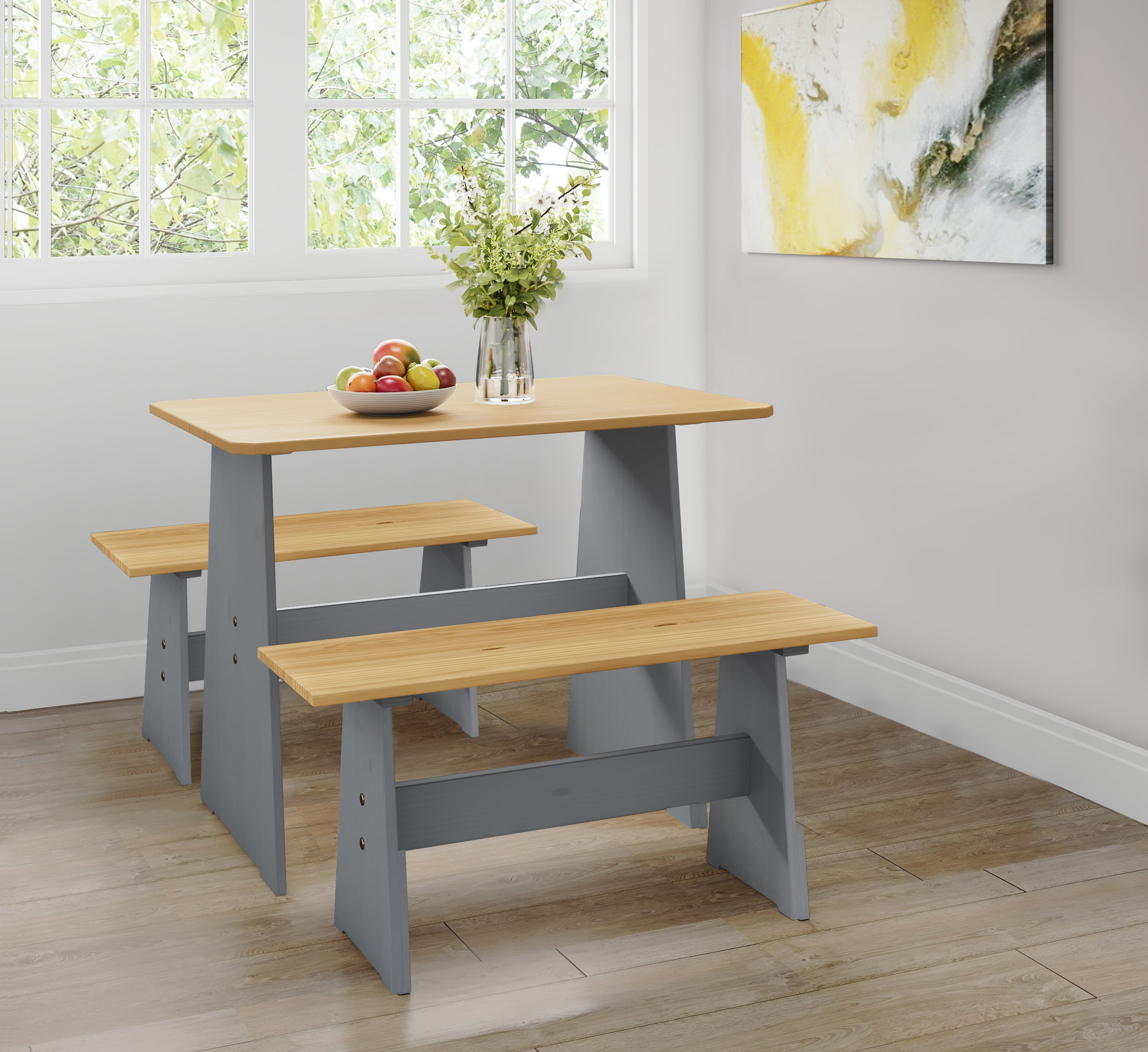 Koby Home 3 Piece Casual Dining 2-Tone  Solid Pine Wood Kitchen Table Set with 2 Benches, Kitchen Dining Set Grey  Brown