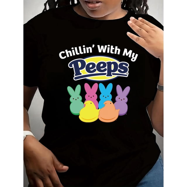 Camiseta de mujer Ropa de verano básicaWomen's Easter T-Shirt - "Chillin' with My Peeps" Colorful Bunny Design, Casual Short Sleeve Crew NeCamisetas de verano para mujer, manga corta, cuello redondo