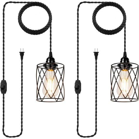 2 Pack Plug in Pendant Light Fixture with 15FT Plug in Cord/Dimmer Switch Hanging Lights for Home Decor Dining Room Kitchen Island Living Room Bedroom