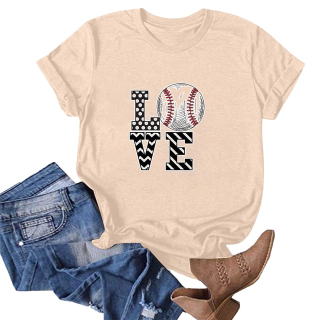 Meichang T-Shirts de Baseball pour Femmes à Cœur d'Amour, Col Ras du Cou, Manches Courtes, T-Shirt Graphique, Coupe Ample, Mode Décontractée, Hauts Mignons, T-Shirts, Cadeaux de la Fête des Mères pour Maman, Beige, P