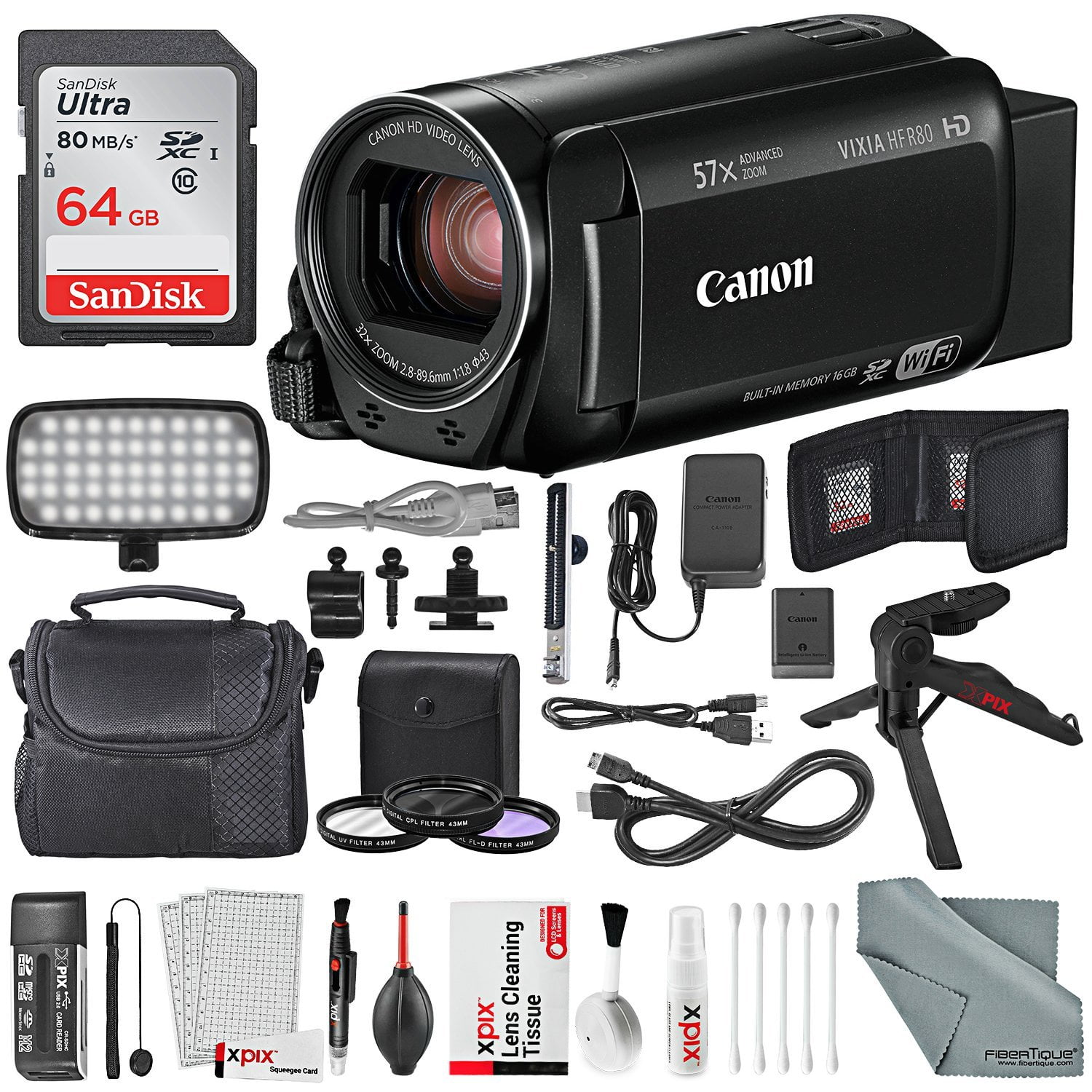 Canon Vixia HF R80 HD Camcorder Deluxe Bundle W/ 64GB SD, Table Top