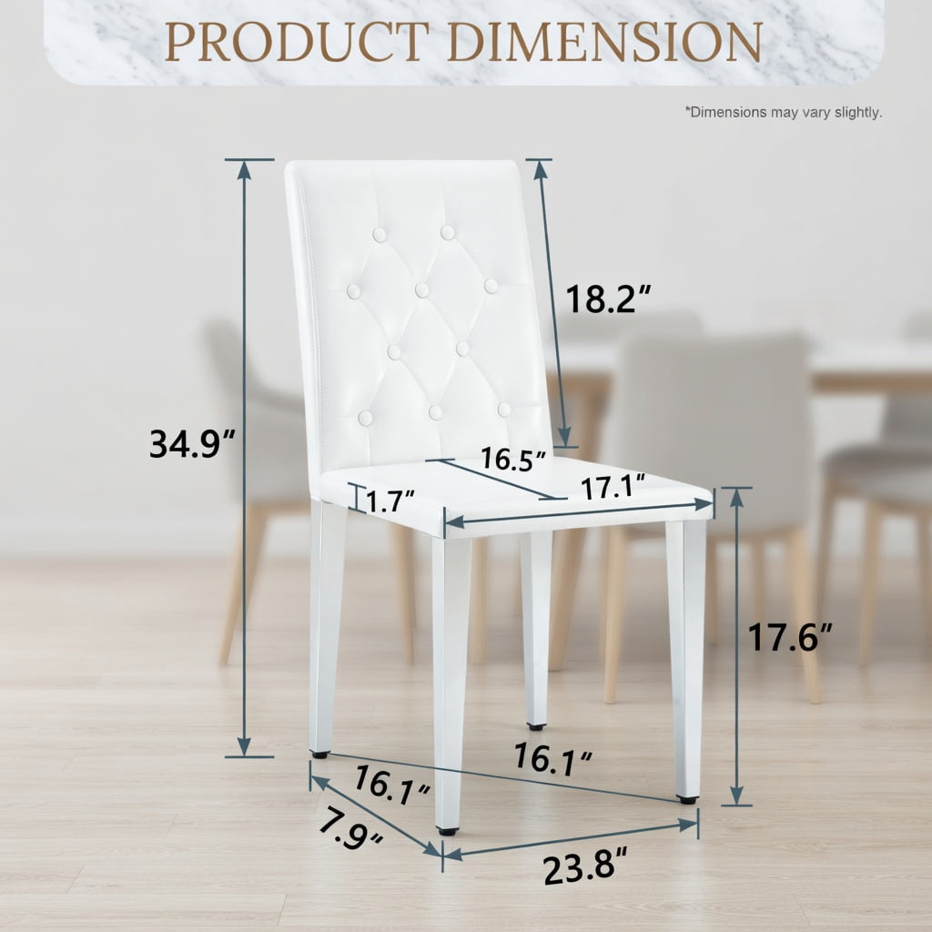 Hommoo 2-Pack Modern PU Leather Dining Chairs with Ergonomic Buckle Backrest & Metal Legs, 35 in Height, Comfortable Seating for Home, Restaurant & Hotel Use, White & Sliver