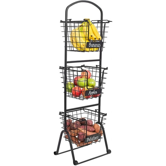 3-Tier Wire Market Basket Stand with Chalk Label - Snack Fruit Vegetable Produce Metal Hanging Storage Bin for Kitchen Pantry - Free-Standing or Stacking Organizer - Black