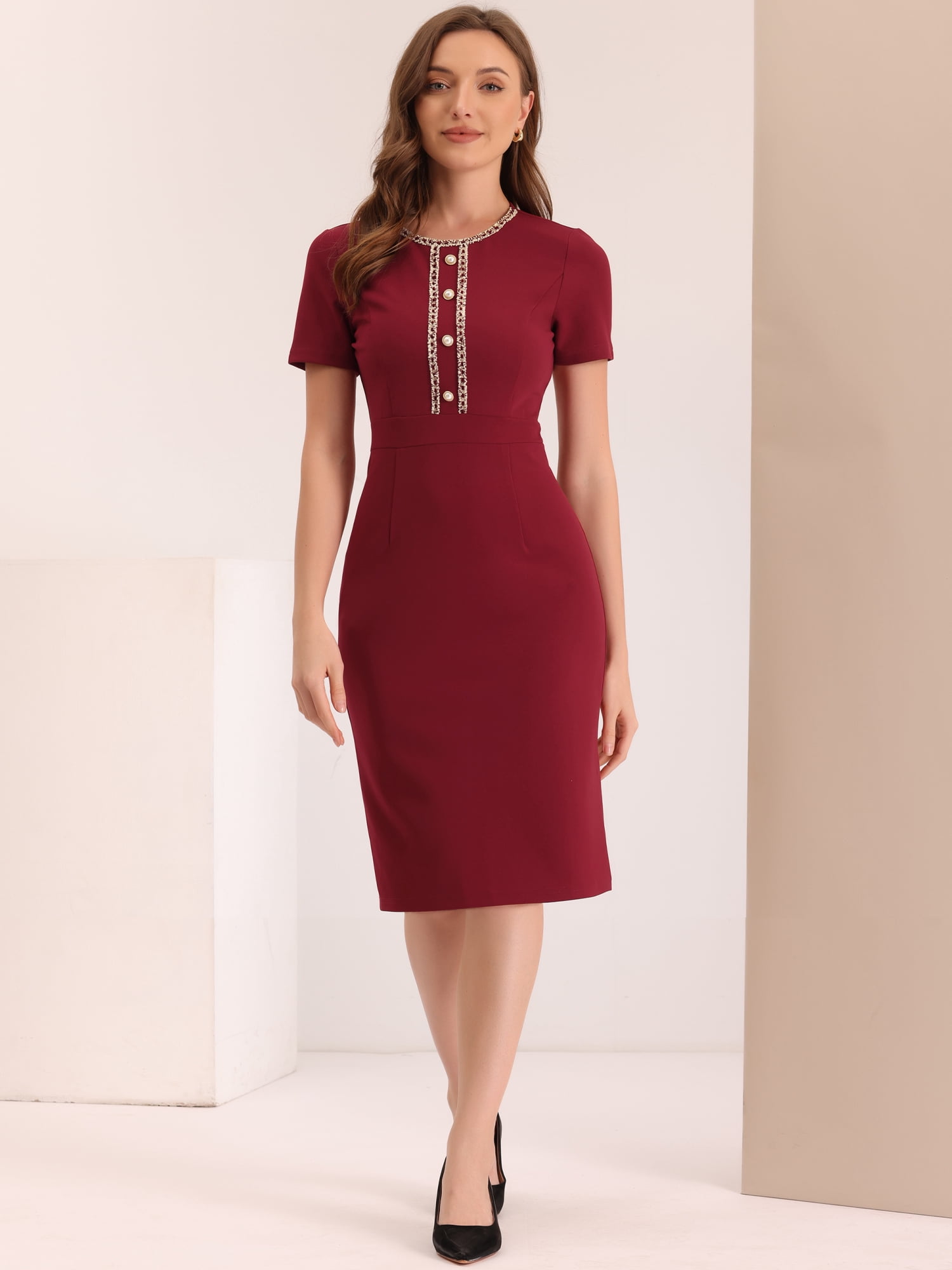 DARING DIVA Work Business Square Neck Color Block Bodycon Sheath Dresses S Red