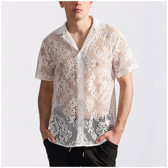 pstuiky camisetas de manga corta para hombre, Blusa informal de encaje con botones y manga corta para hombre ropa de hombre xxl