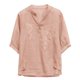 thumbnail image 1 of Camisas de Cuello V de Manga Corta para las Mujeres Lino Bordado Tres Cuartos Suelto Ajuste Cuello Redondo Túnica Blusa Vintage Casual, 1 of 5