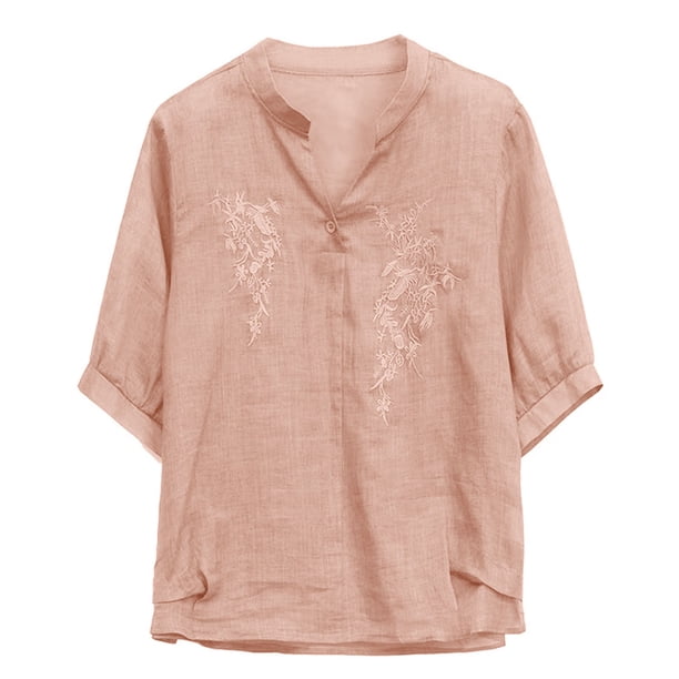 Camisas de Cuello V de Manga Corta para las Mujeres Lino Bordado Tres Cuartos Suelto Ajuste Cuello Redondo Túnica Blusa Vintage Casual