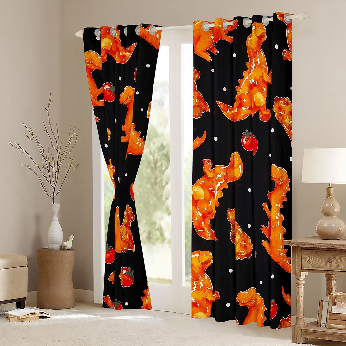 Homewish Retro Rustic Dino Curtains Pack of 2 (42x84 Each),Abstarct Dinosaur Curtains Blackout,Black Orange Bedroom Curtains For Teens,Microfiber Bedroom Decor