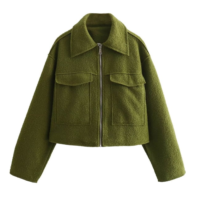 Chaquetas y abrigos casuales de manga larga sin capucha para mujer, chaqueta corta con cremallera y solapa de color liso de manga larga, parte superior de poliéster para mujer