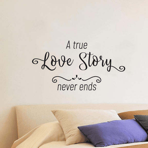 Vinyl Inspirational Love Quotes Adhesive Decor Design Home Wall Art Lettering Decal | A True Love Story Never Ends - 22" x 36" Bedroom Living Room Removable Decoration Sticker - Black