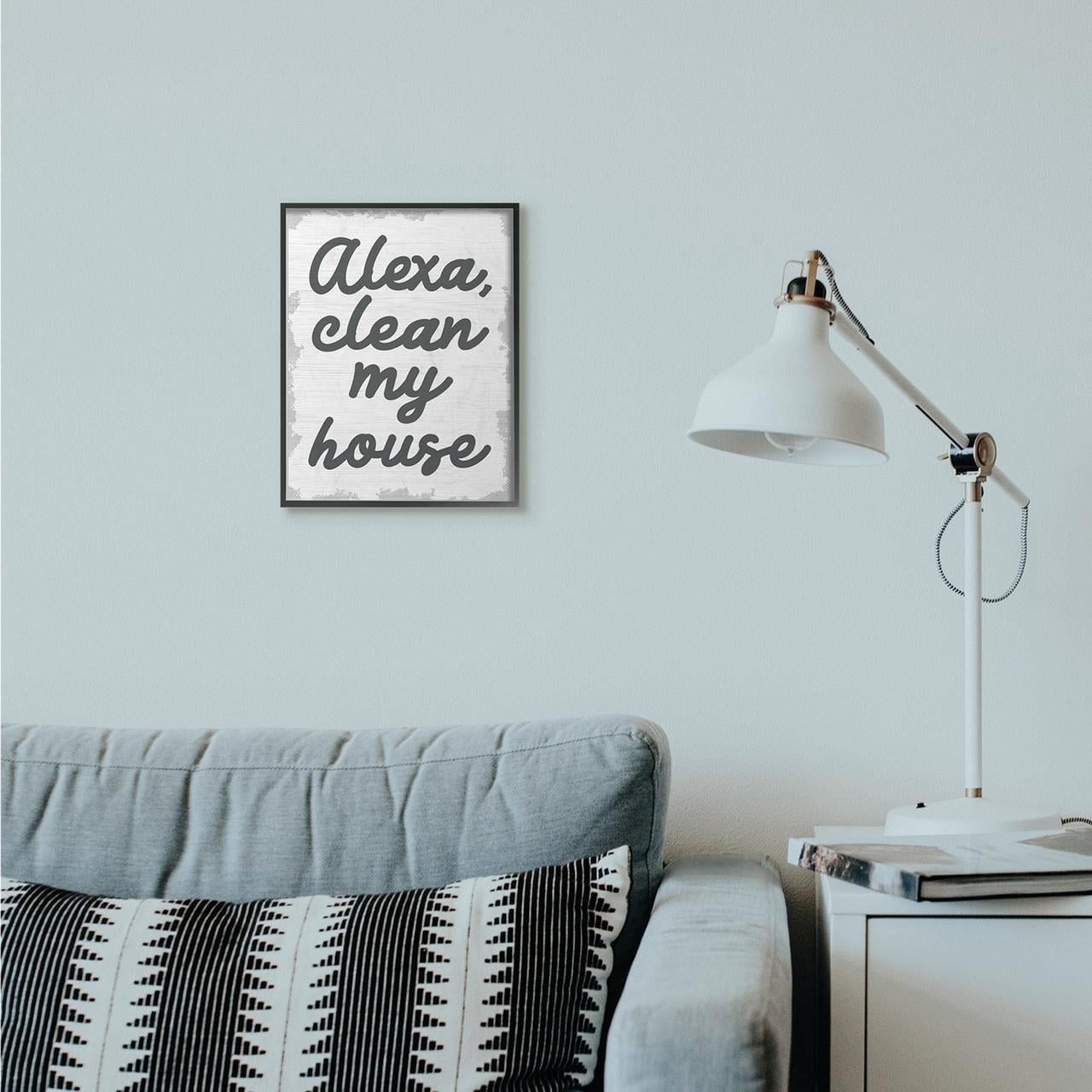 Stupell Industries Alexa Clean My House Funny Family Home Neutral Gray Word Design Framed Wall Art by Daphne Polselli