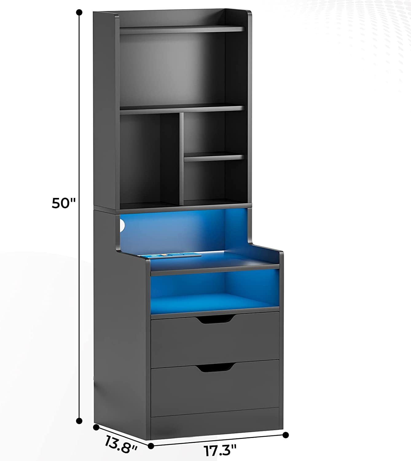 Toogaho Tall Nightstand with LED Lights and Charging Station,Nightstand with Shelves and 2 Drawers, Bedside Table with Bookshelf, Tall Side End Table with Storage,Black