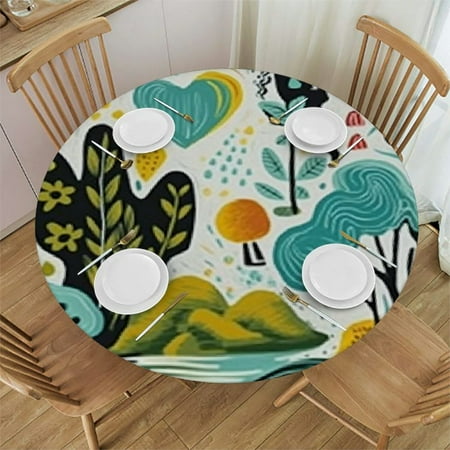 

Xllo0ord Colorful Abstract White Table Cloth Cover Elastic Edged Home Decor Tablecloth for Indoor Outdoor Kitchen Party 38-42