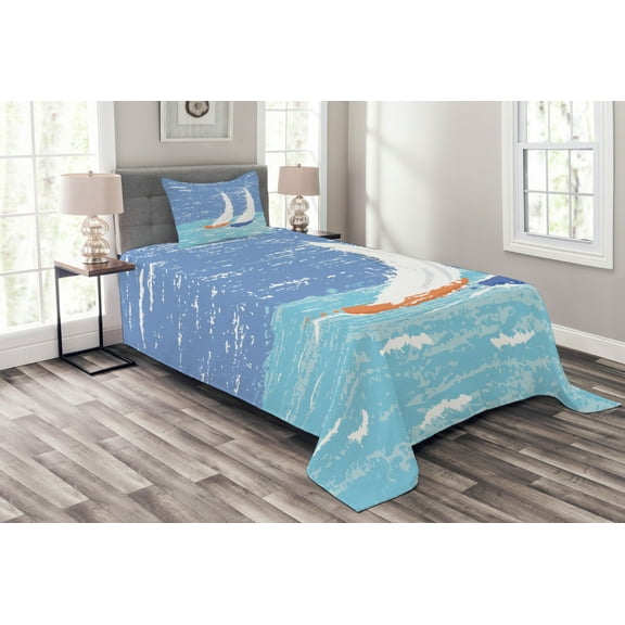 Ambesonne Nautical Quilted Bedspread Set 2 Pcs, Grunge Sailboats Ocean, Twin Size, Pale Blue