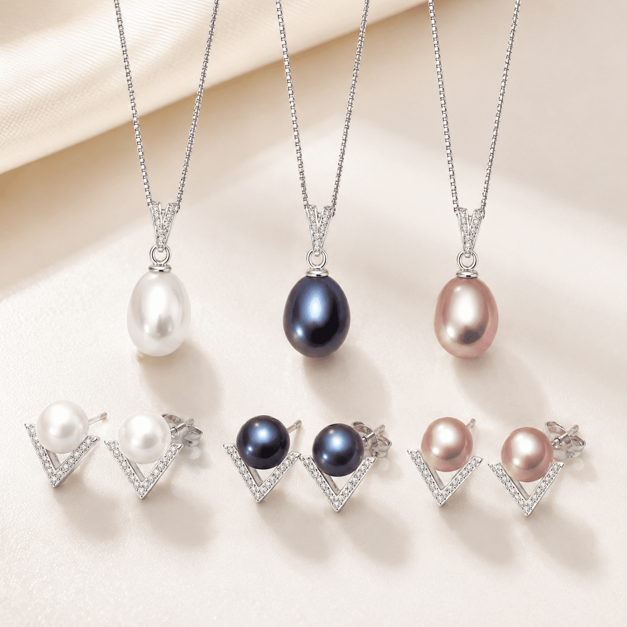 YAMI 10-11 mm Freshwater Cultured Pearl Necklace & Earrings Set, 925 Sterling Silver White Pearl  Valentine's Day Jewelry Gift for Her