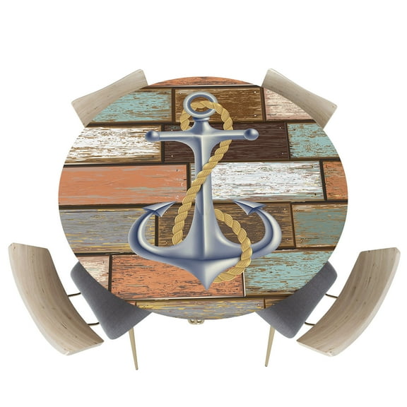 Fitted Round Tablecloths Table Covers 55-60in,Marine Nautical Anchor on Vintage Wood Board Waterproof Elastic Edged Table Cloth for Kitchen Dining Holiday Party Tables Decor,Brown Teal