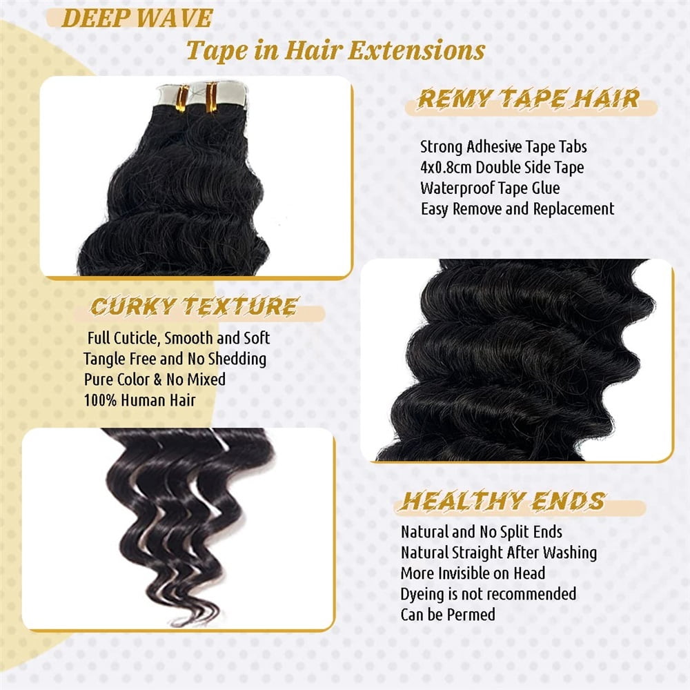 Tape In Real Human Hair Extensions 16-26 Inch Long Deep Wave Seamless Skin Weft Invisible Tape In Hair Extensions Natural Black Remy Human Hair
