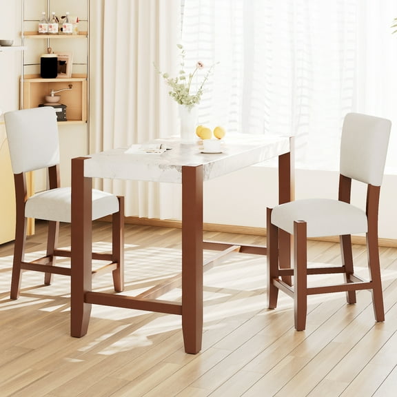 Harper & Bright Designs Counter Height Dining Table Set for 2, Faux Marble Bar Table with 2 Upholstered Chairs, 3 Pieces Dining Set for Kitchen Small Place, Beige,Brown