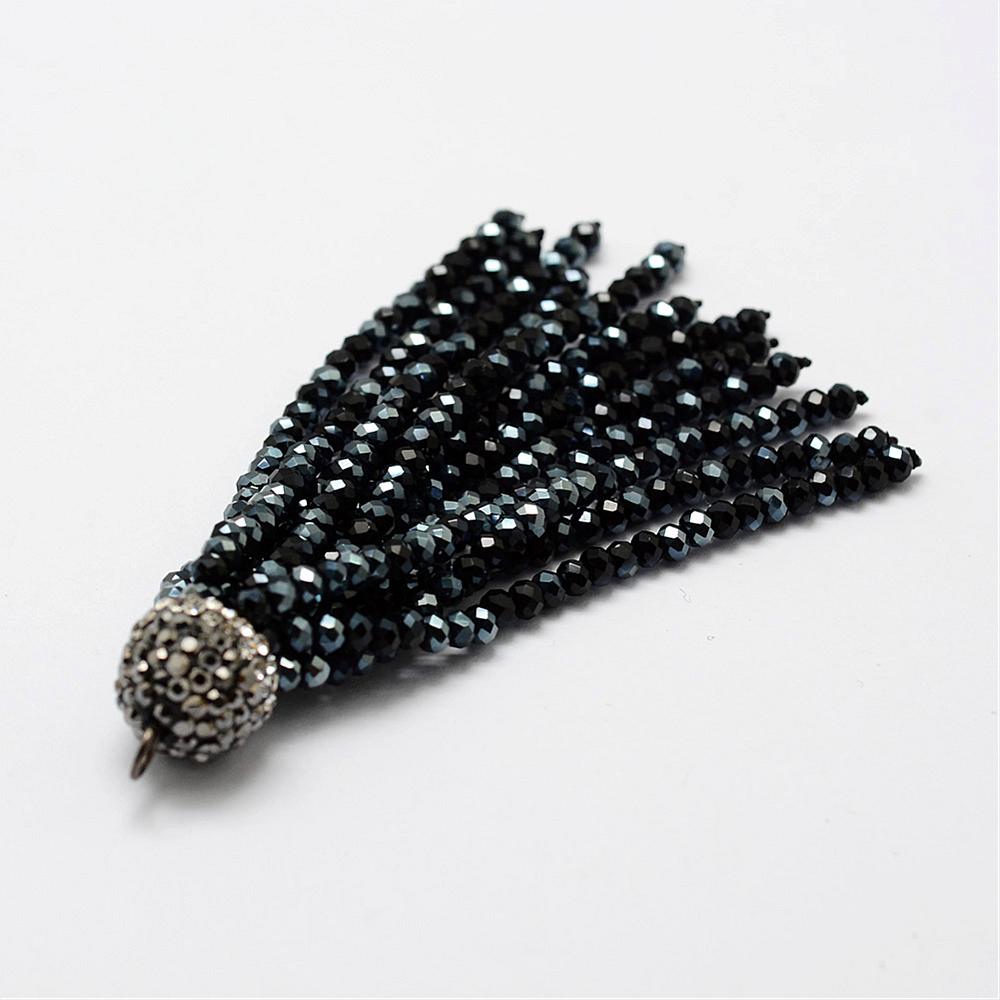Electroplate Glass Bead Tassel Big Pendants with Brass Rhinestone Findings Black 76x10.8mm Hole: 2.5mm Black