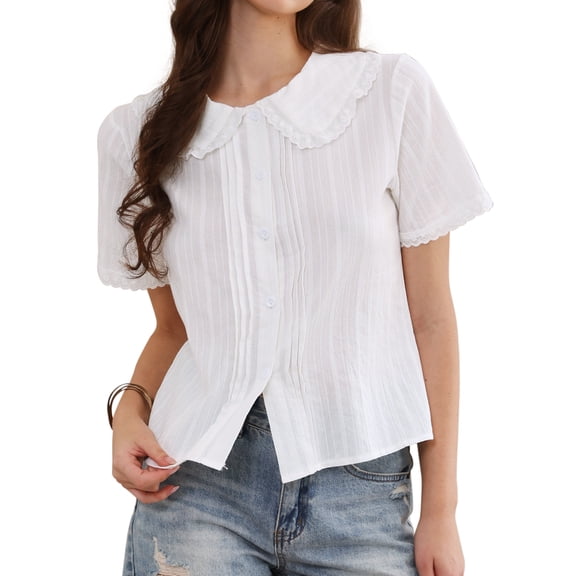 INSPIRE CHIC Short Sleeve Shirts for Women Ruffle Peter Pan Collar Button Down Cotton Blouse Casual Summer Tops S White