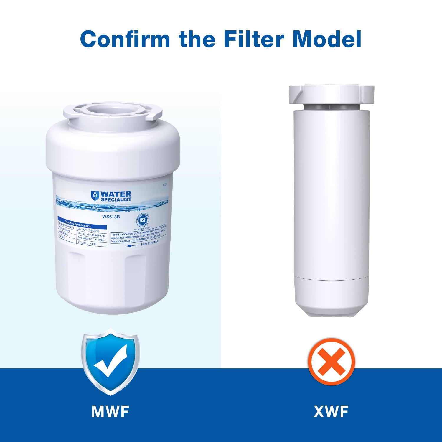Waterspecialist WS613B Replacement for GE® MWF®, SmartWater® MWFP, MWFA, GWF, HDX FMG-1, WFC1201, GSE25GSHECSS, RWF1060 Refrigerator Water Filter 6 Filters