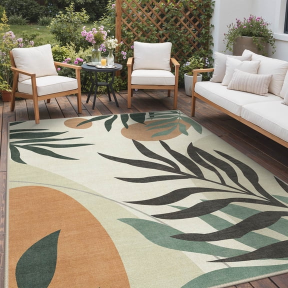 DEORAB Outdoor Rug 8'X10' Chenille Patio Carpet Three-Layer Material Imitation Silicone Spot Molding Camping Outside RV Mat,Beige&Green