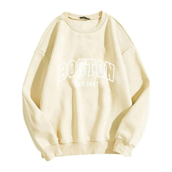 XIAOCHA Women's Letter Boston Sweatshirt Oversized Long Sleeve Crew Neck Pullover Soft Retro Casual Sweatshirts