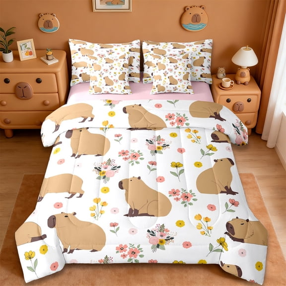 Erosebridal Colorful Flowers Blossom 7-Piece Twin Bedding Sets,Kawaii Rodent Animal Capybara Bedding Comforter Set For Kids ,Reversible Pink