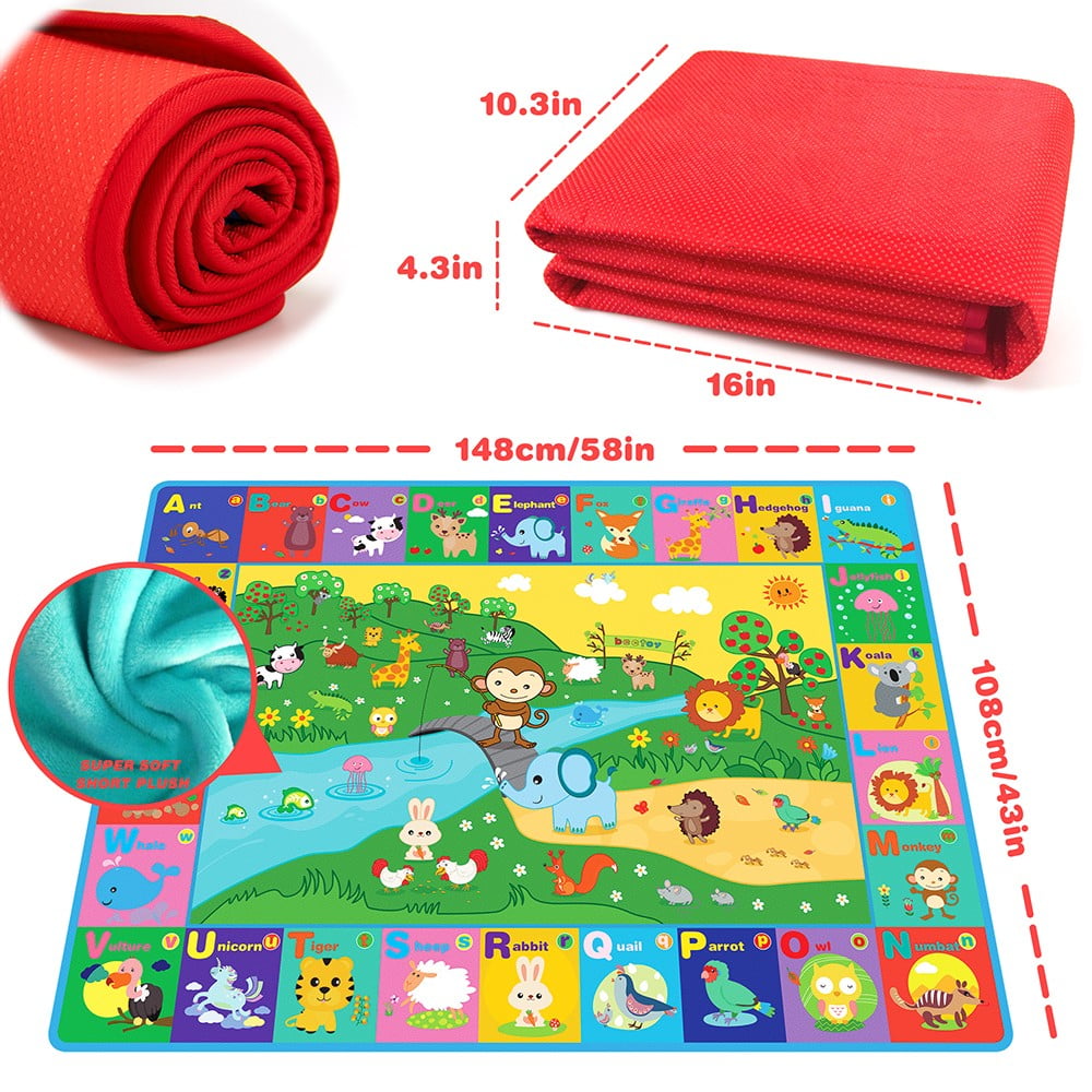 beetoy Baby Play Mats for Floor Crawling Mat Baby Play Rug Foldable Non-Slip Thick Plush Surface Animal Alphabet Play Mat for Baby (59 * 44 Inch, 6mm)