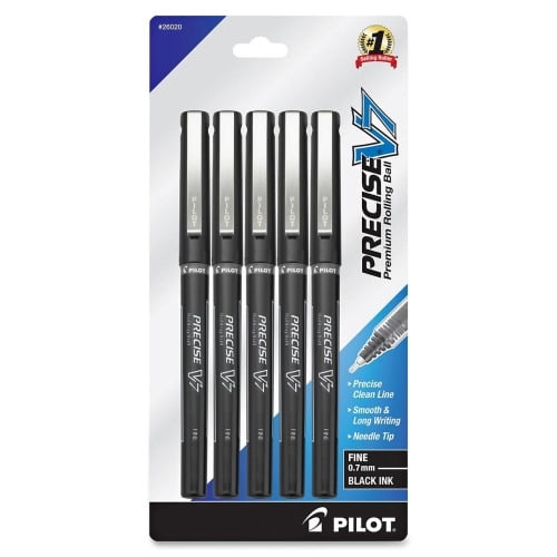 Pilot Precise V7 Fine Premium Capped Rolling Ball Pens Fine Pen Point - 0.7 mm Pen Point Size - Black - Black Barrel - 5 / Pack