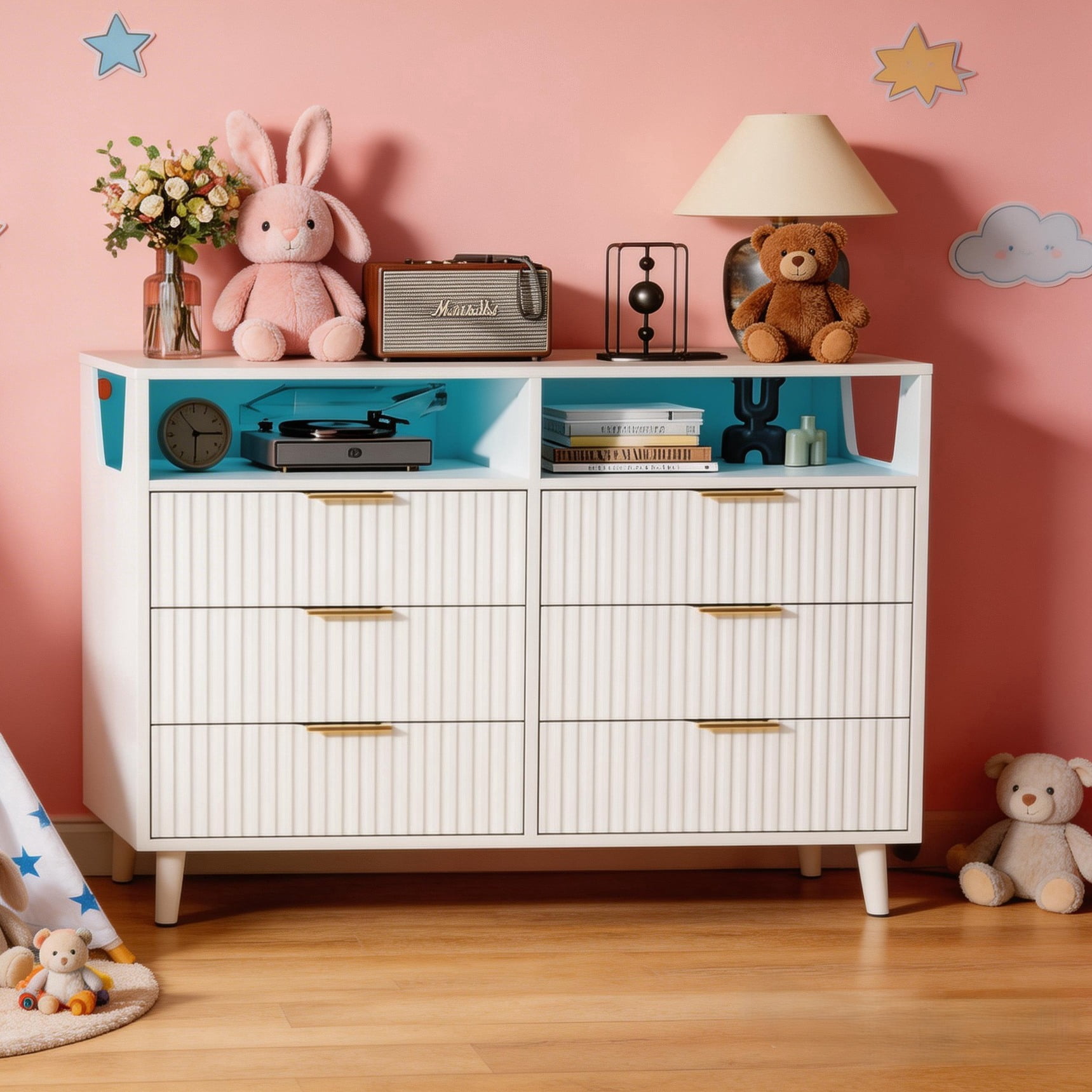 UBesGoo Fluted 6 Drawer Dresser with LED Lights, Modern Chest of Drawers Wood Dresser TV Stand, Double Dresser for Bedroom, Living Room, Hallway