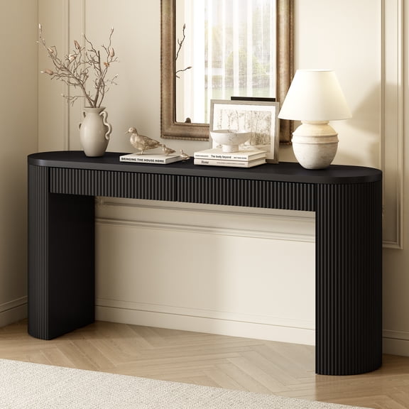 Euroco 58.3" Console Table with 2 Drawers, Narrow Long Sofa Table Behind The Couch, Wood Entryway Table with Adjustable Feet for Living Room, Hallway,Foyer,Black