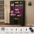thumbnail image 4 of longtingus Farmhouse Coffee Bar Cabinet with Hutch & Sliding Barn Door, Black Kitchen Buffet with Power Outlet, LED Light & Tall Liquor Storage for Dining Room or Kitchen, 4 of 9