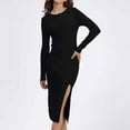 thumbnail image 3 of Women's Long Sleeve Ribbed Knit Sweater Dress Casual Crew Neck Slim Fit Side Split Knitted Midi Dress, 3 of 3