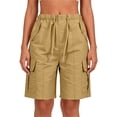 thumbnail image 5 of Women's Comfortable Elastic Waist Shorts with Pockets, Solid Pocket Button Front Stretchy Casual Shorts, Lounge Athletic Daily Wear Summer Capri for Women | UKHCCC,Khaki S, 5 of 8