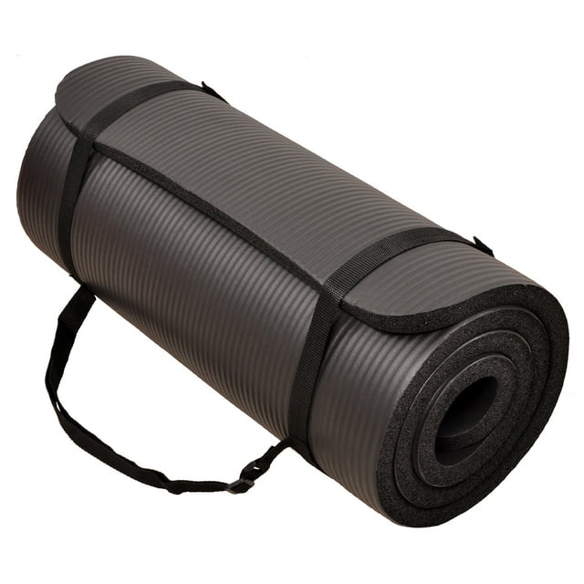 Signature Fitness 1" Extra Thick Exercise Yoga Mat with Carry Strap, Black
