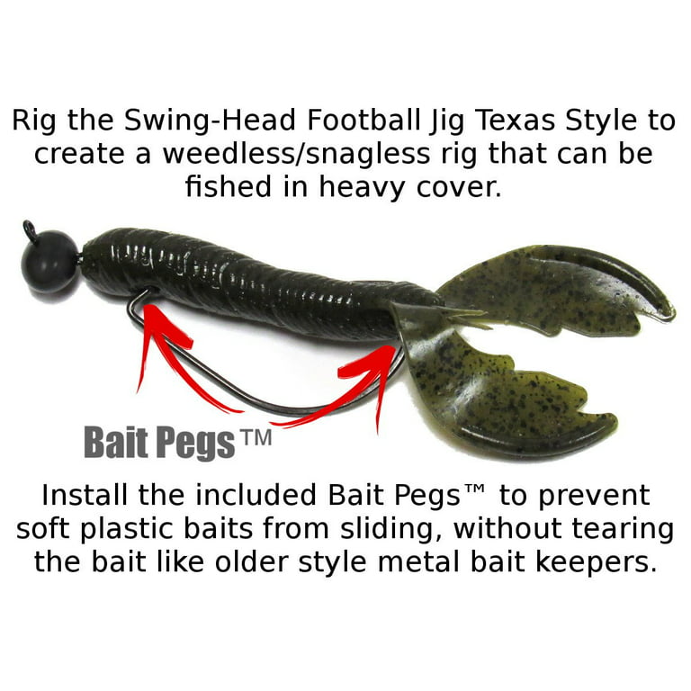 Harmony Fishing - Tungsten Swing Football Jigs [Pack of 3 w/ 10 Bait Pegs] Swinging Football / Rugby Jigs with Hooks for Bass Fishing 1/4 oz 3 Pack