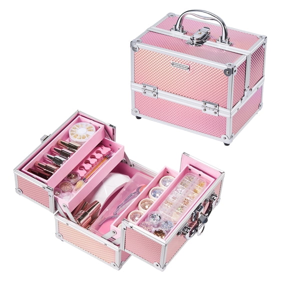 Portable Makeup Case Organizer 4 Trays Makeup Box Lockable Beauty Cosmetic Train Case Traveling Make up Storage, Pink