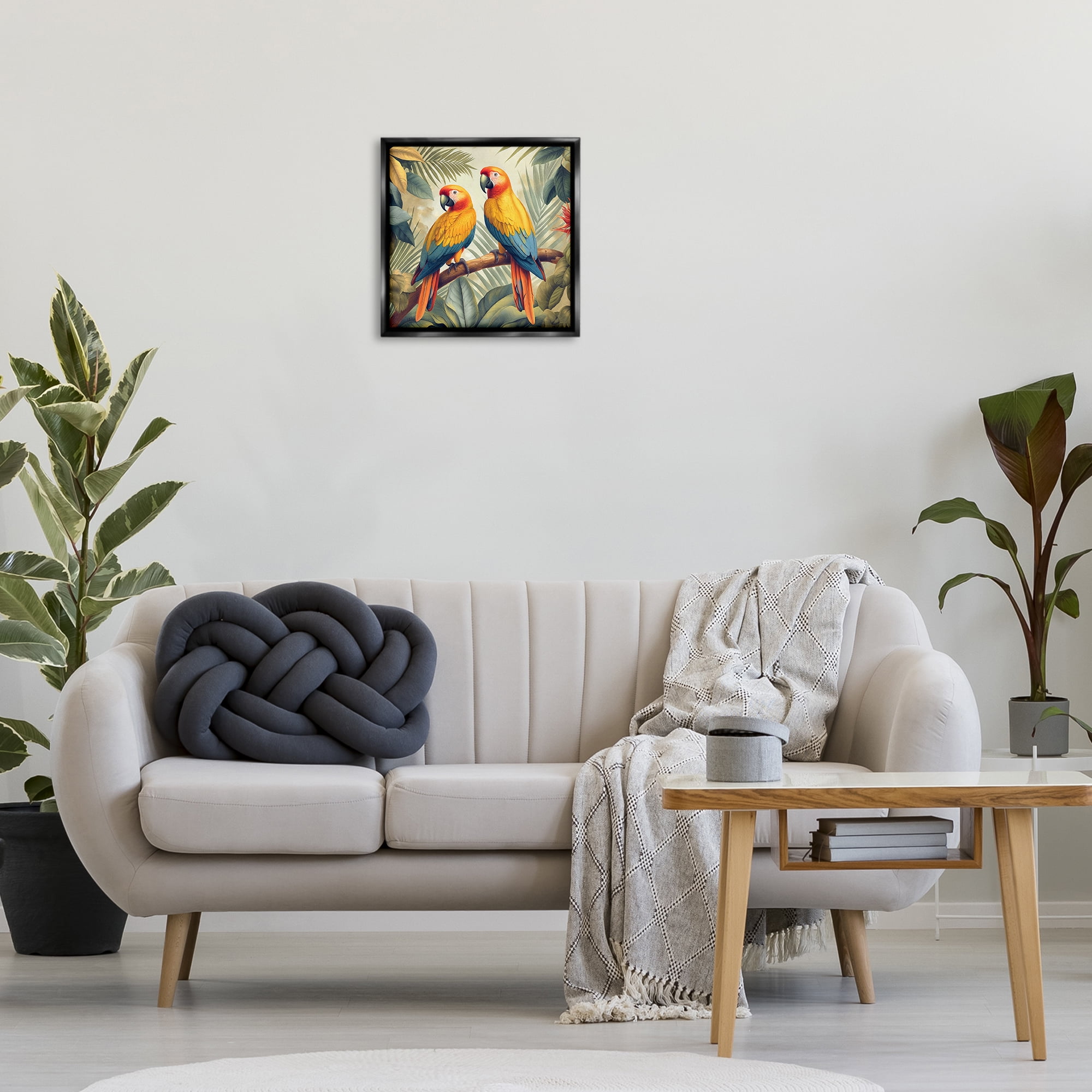 Stupell Industries Parrot Duo on Branch Animals Painting Black Floater Framed Canvas Art Print Wall Art, 18 x 18