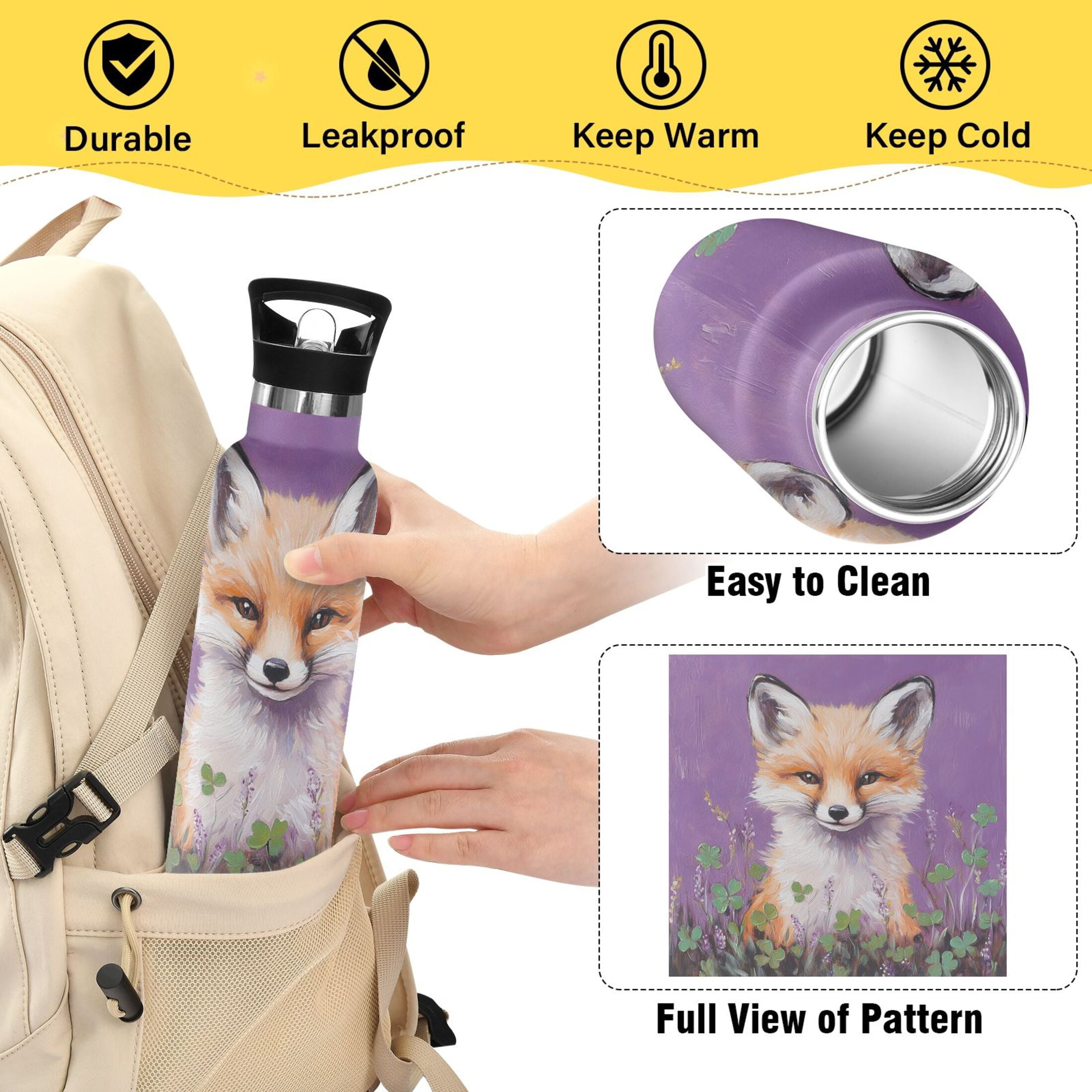 600ML Stainless Steel Insulated Cup Sports Water Bottle Portable Thermos Cup Water Glasses Insulated Tumblers Convenient and Durable Four-leaf Clover Fox