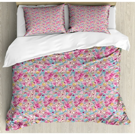 Baby Duvet Cover Set Queen Size, Kawaii Bunnies Ice Cream and Candies Doodle Style Cartoon Drawing Abstract, Decorative 3 Piece Bedding Set with 2 Pillow Shams, Pink Turquoise Mustard, by Ambesonne