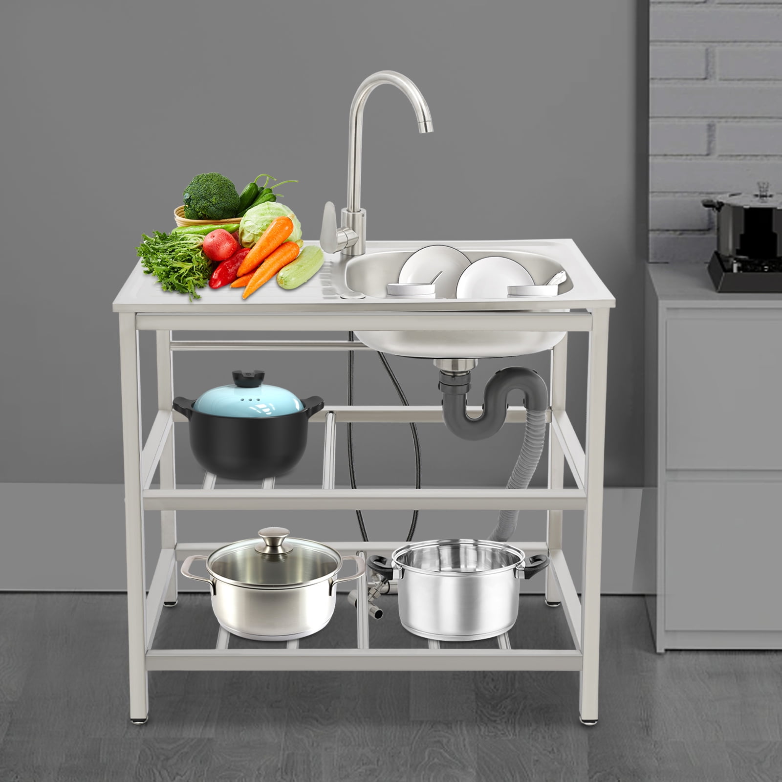 Peakora 3 in 1 Kitchen Utility Sink Stainless Steel Kitchen Sink with Faucet Freestanding Outdoor Kitchen Commercial Sink with Double-Layer Storage Rack