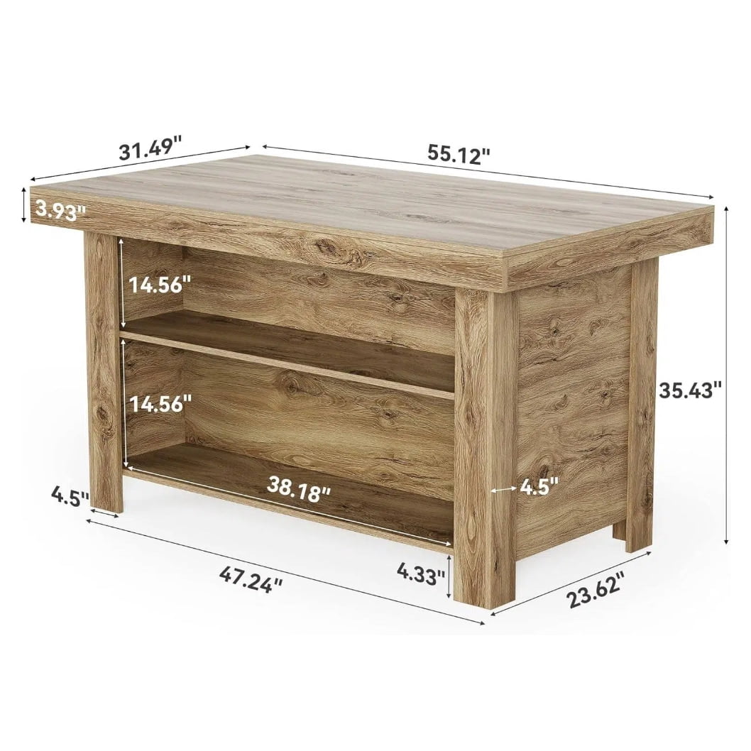 Fnova 55" Farmhouse Kitchen Island with Storage, Wooden Kitchen Table with 2-Tier Storage Shelves & Large Worktop, Modern Large Counter Height Table for Kitchen Prep & Dining