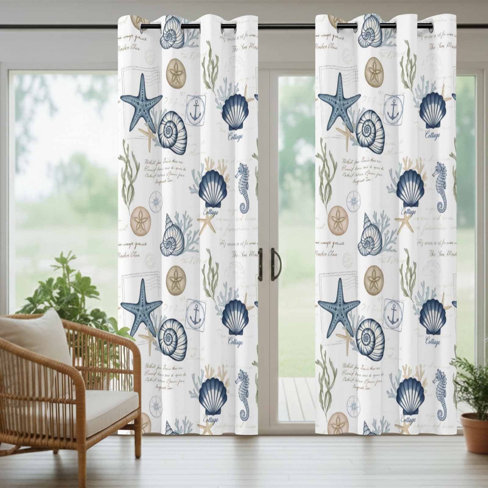 Summer Marine Life Outdoor Curtains for Patio, Ocean Starfish Conch Shell Letter Print Retro Sunshade Privacy Drapes Grommet Waterproof Outside Curtains for Porch/Cabana/Balcony 54"x 108", 1 Panel