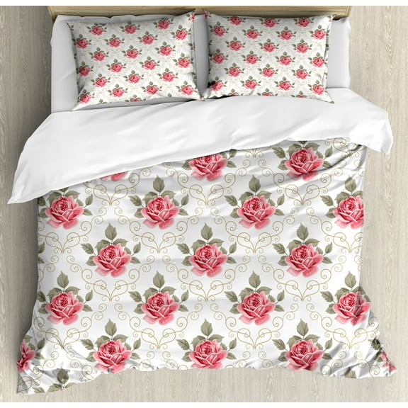 Flower Duvet Cover Sets, Romantic Art Shabby Form Flowers Nature in a Frame with Leaves Roses Print, Bedding Set with 2 Duvet Covers & 4 Pillowcases, 2 Pack Cal King Size, Pink and Green, by Ambesonne