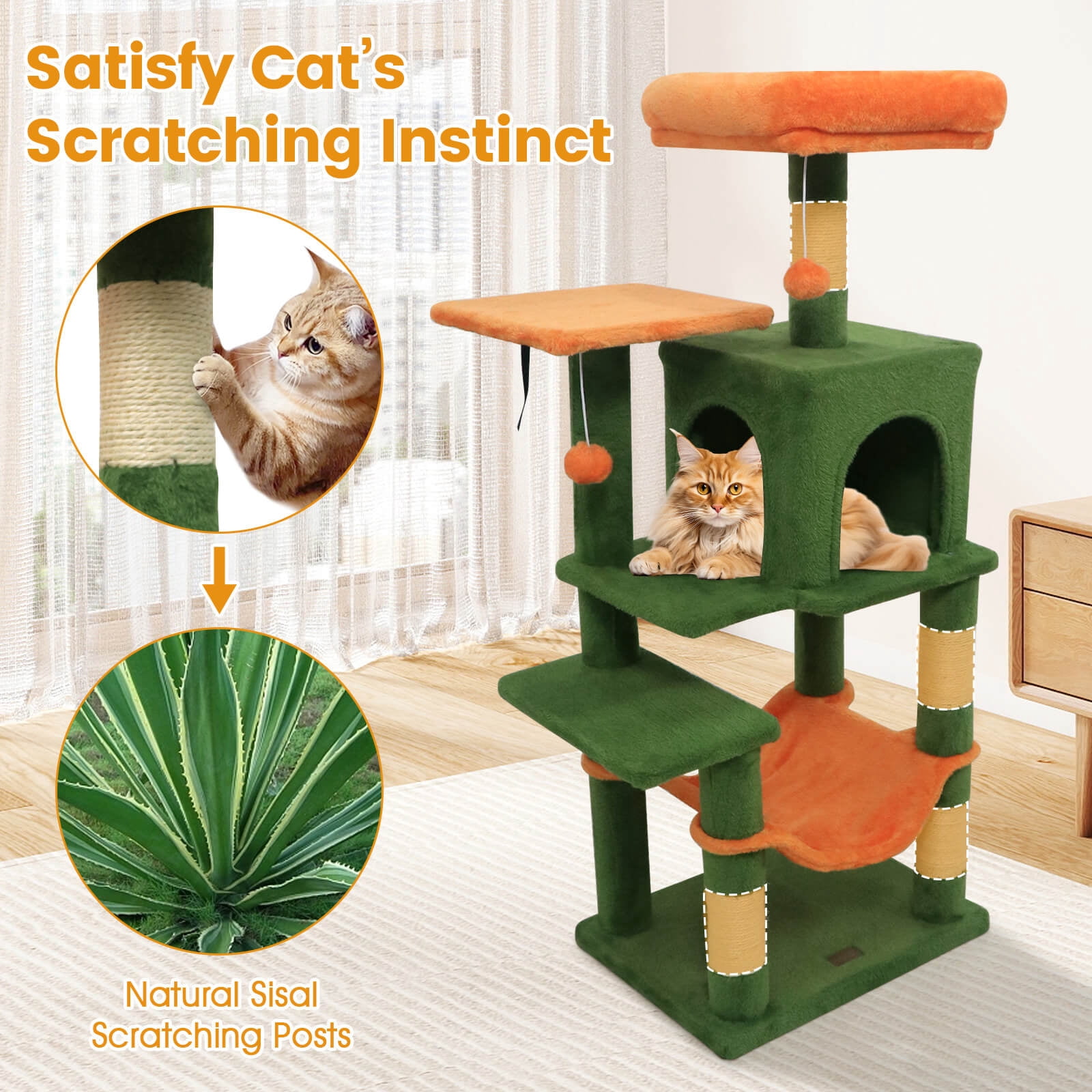 Costway 44” Tall Multi-level Cat Tree, Modern Cat Tower with 2-Entrance Large Cat Condo Green Orange