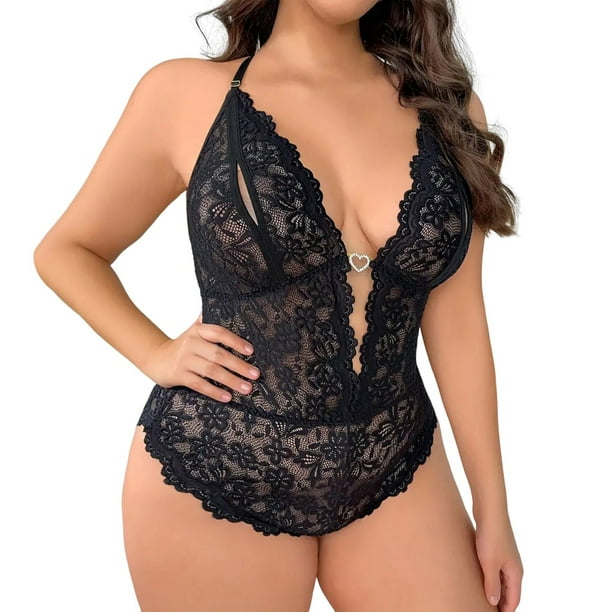 Gibobby Conjunto ropa interior mujer Lenceria para mujer enterizo de peluche con entrepierna a presion Negro XXG Walmart en linea
