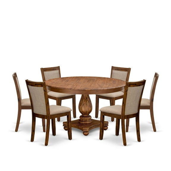 Luxe by East West Furniture 7-Pc Wooden Dining Set A Pedestal Table, 6 Light Tan Linen Fabric Parson Chairs