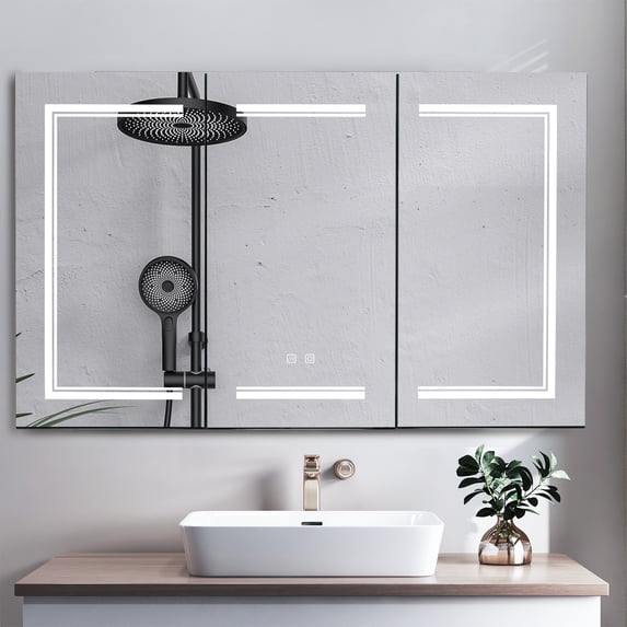 Zimtown LED Mirror Medicine Cabinet with Lights, Wall-Mounted Bathroom Cabinet w/ Defogger, Dimmable, Memory function, Outlets & USB, 48"x28", Black