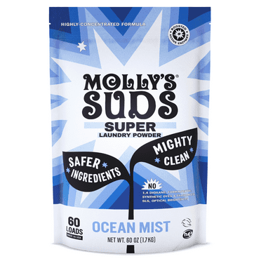 Molly's Suds Super Powder Detergent | Natural Extra Strength Laundry Soap, Stain Fighting | Sensitive Skin | Earth Derived Ingredients | Ocean Mist, 60 Loads